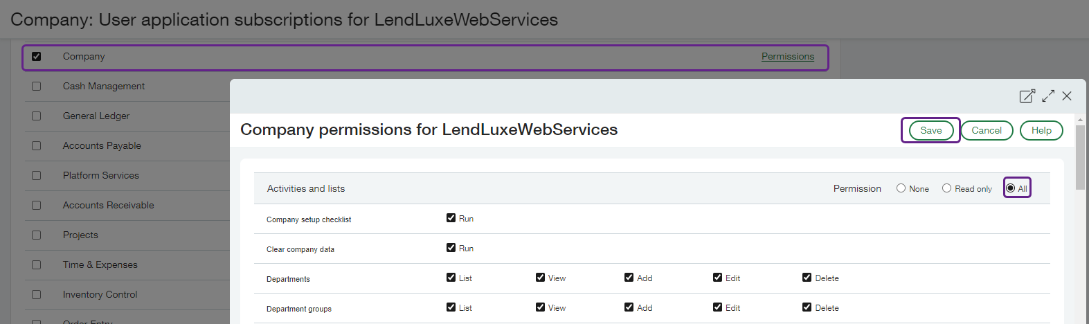 Screenshot of Sage Intacct interface displaying the Modules list in the background, with the Company line outlined. In the foreground, the permissions pop-up for Company is visible. The All radiobutton is selected, and the Save button is outlined.